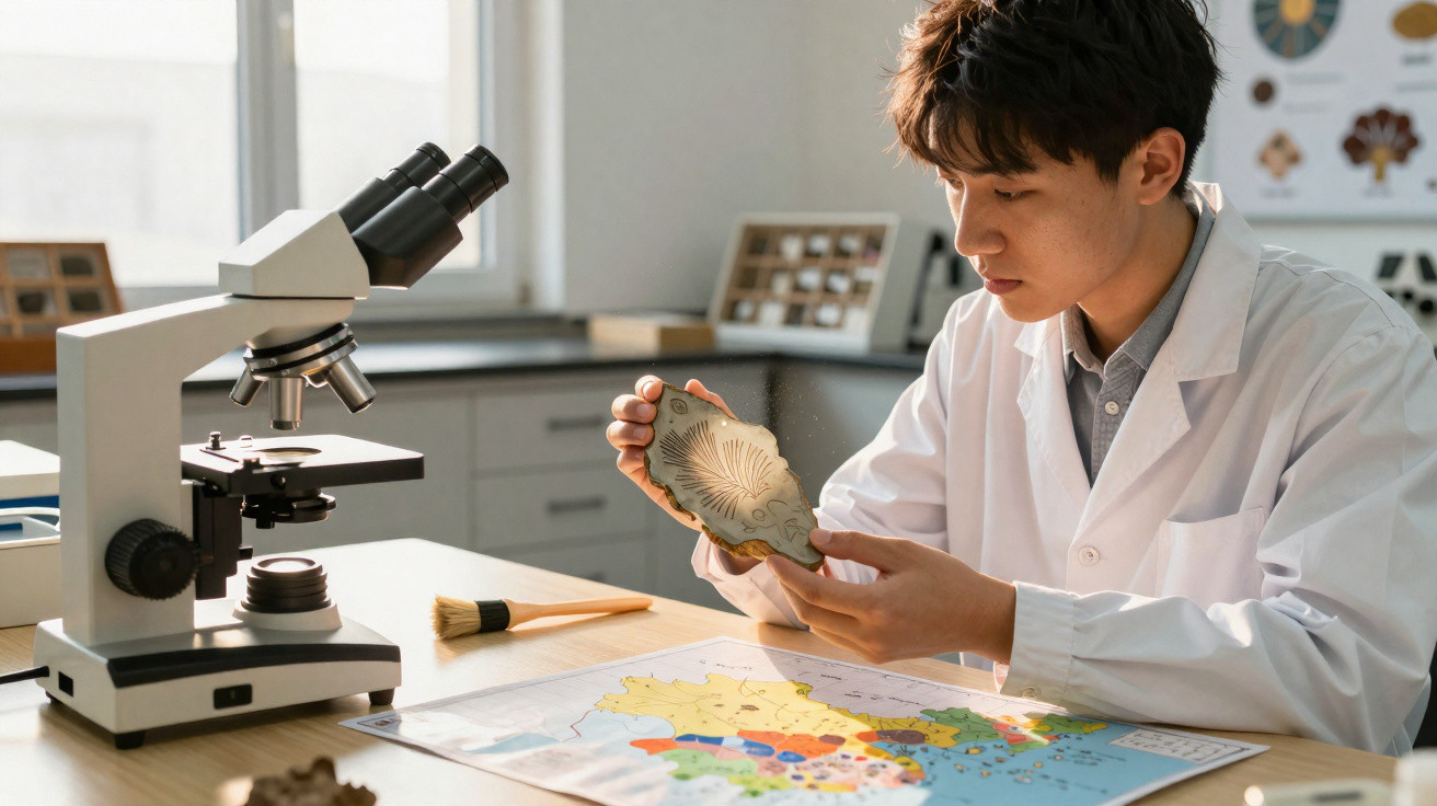 Jovem cientista em laboratório analisando fóssil ao lado de microscópio e mapa colorido sobre a mesa.