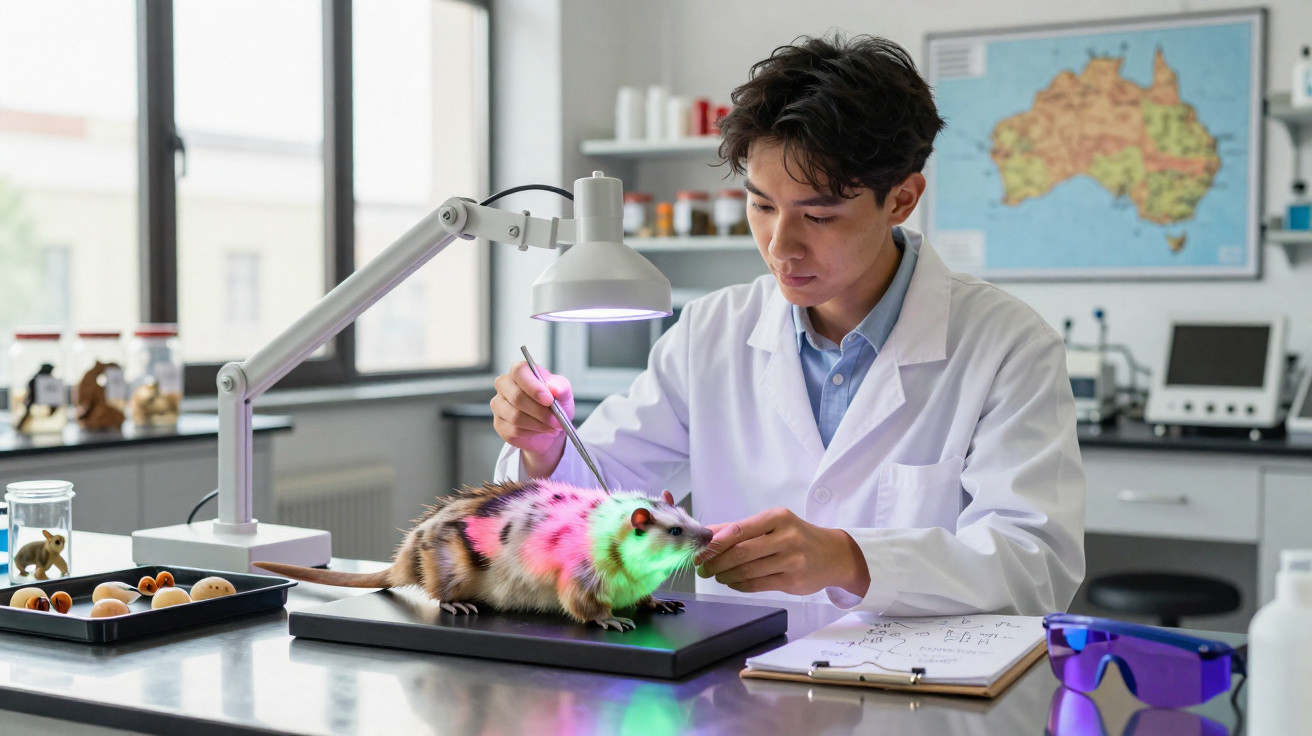 Cientista em jaleco examina gambá iluminado por luzes coloridas em laboratório moderno.