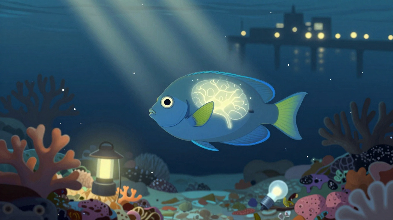 Peixe azul iluminado com cérebro brilhante, nadando próximo a corais e objetos no fundo do mar à noite.