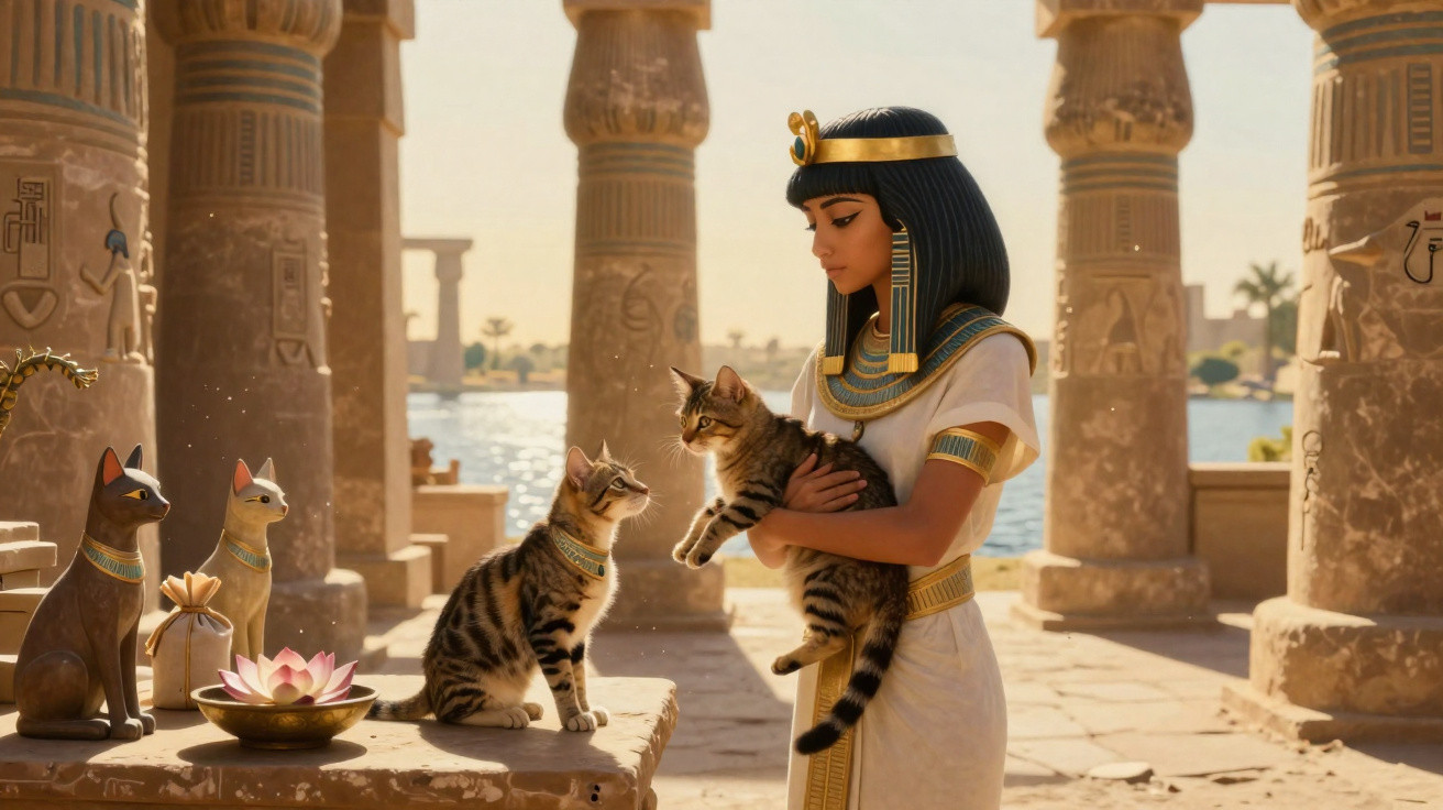 Mulher egípcia em roupa tradicional segura gato enquanto outro gato olha com colares dourados em templo antigo.