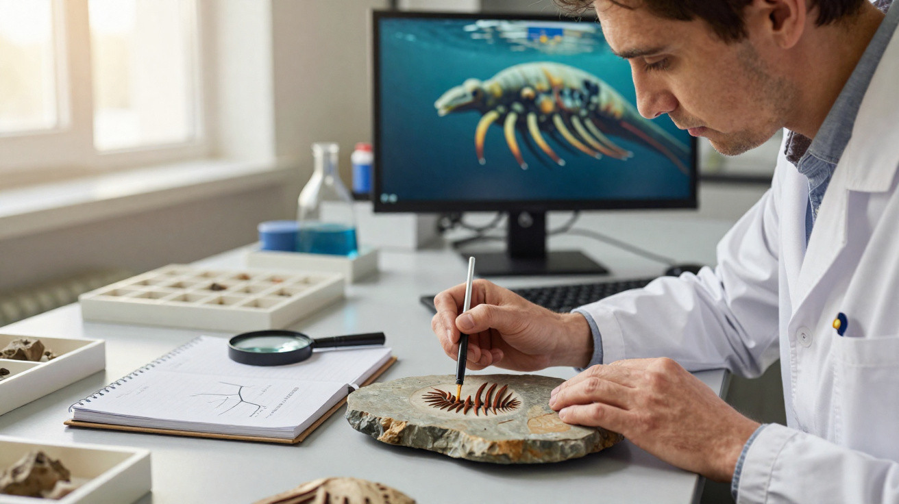 Cientista em jaleco pintando fóssil sobre pedra enquanto estuda imagem com criatura marinha em computador.