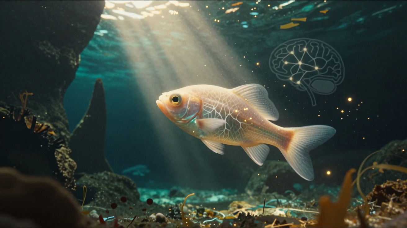 Peixe dourado nadando em águas profundas com luz solar e ícone de cérebro iluminado ao fundo.
