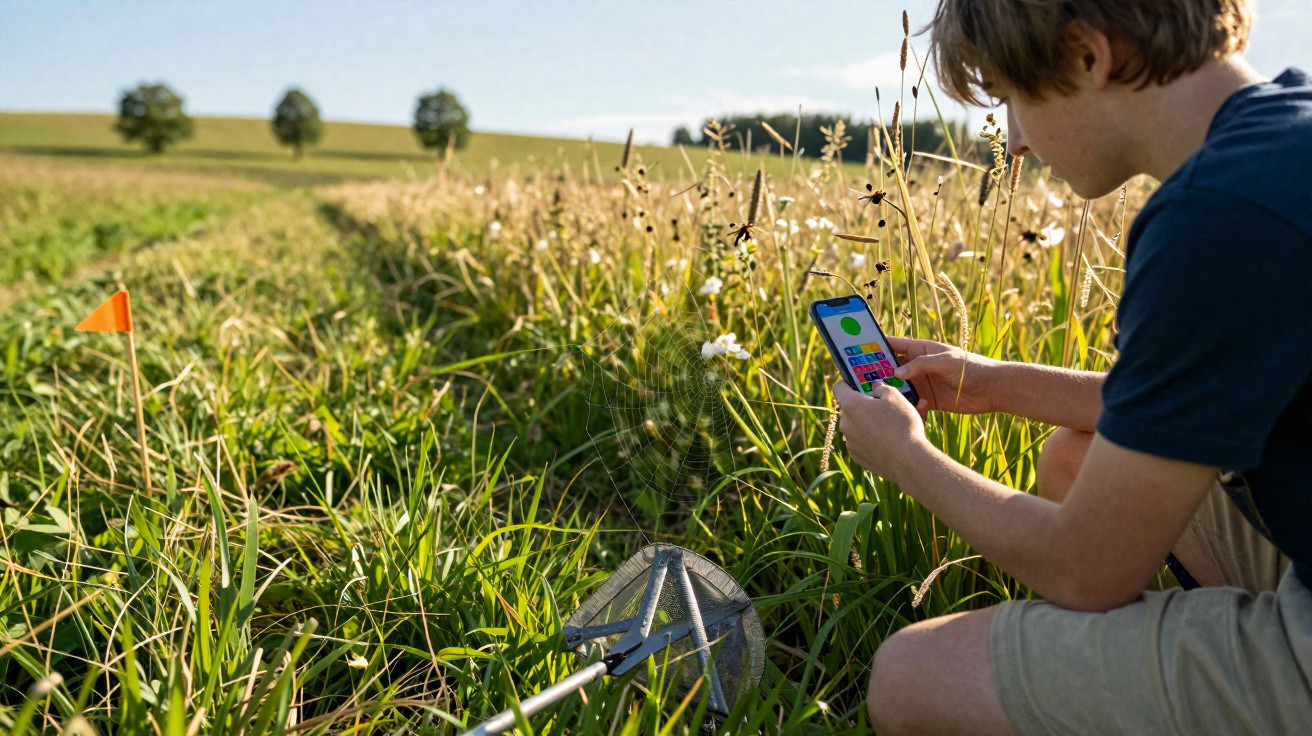 Jovem sentado em campo examinando celular próximo a armadilha para insetos em vegetação alta.