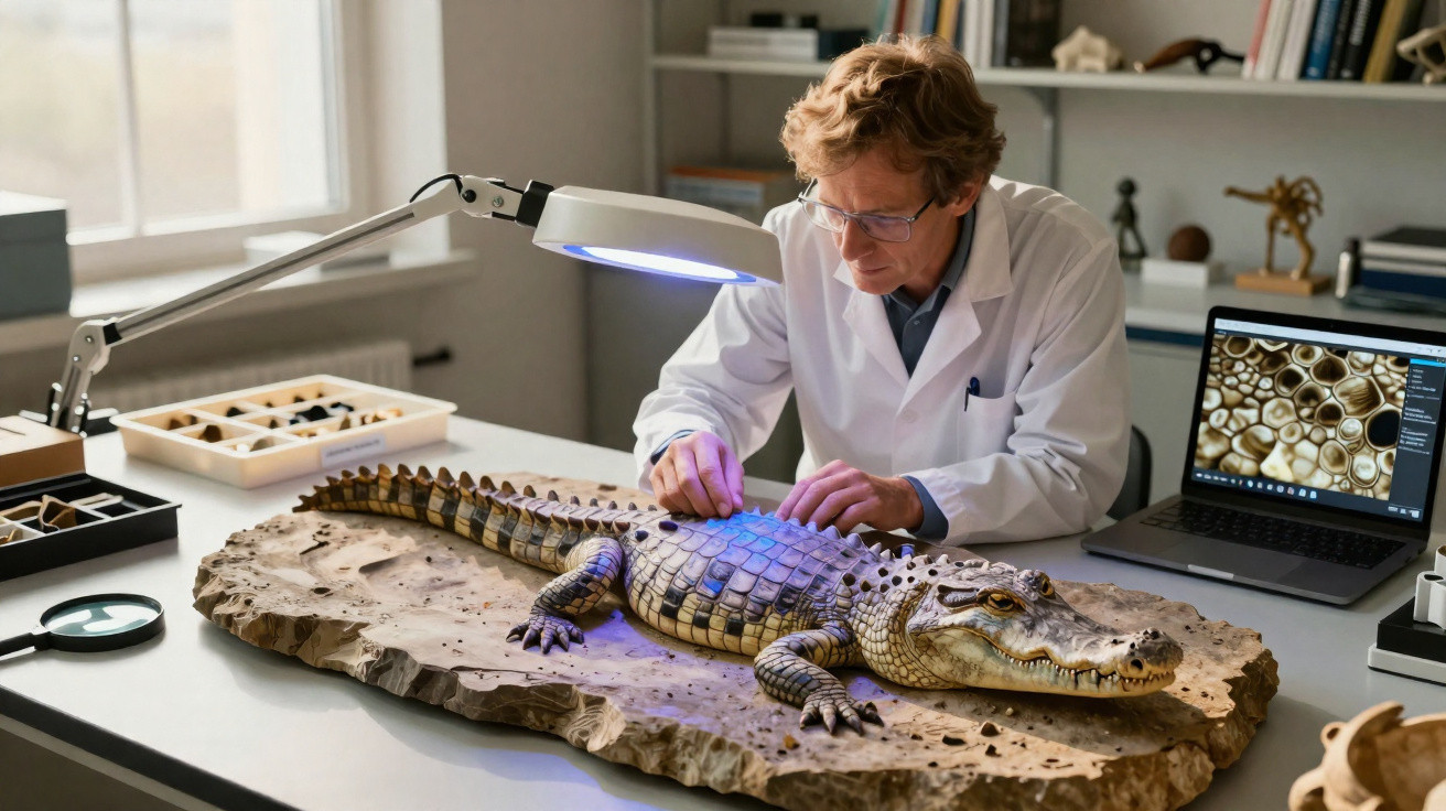 Cientista em laboratório analisando crocodilo empalhado sobre mesa com lupa e laptop aberto.
