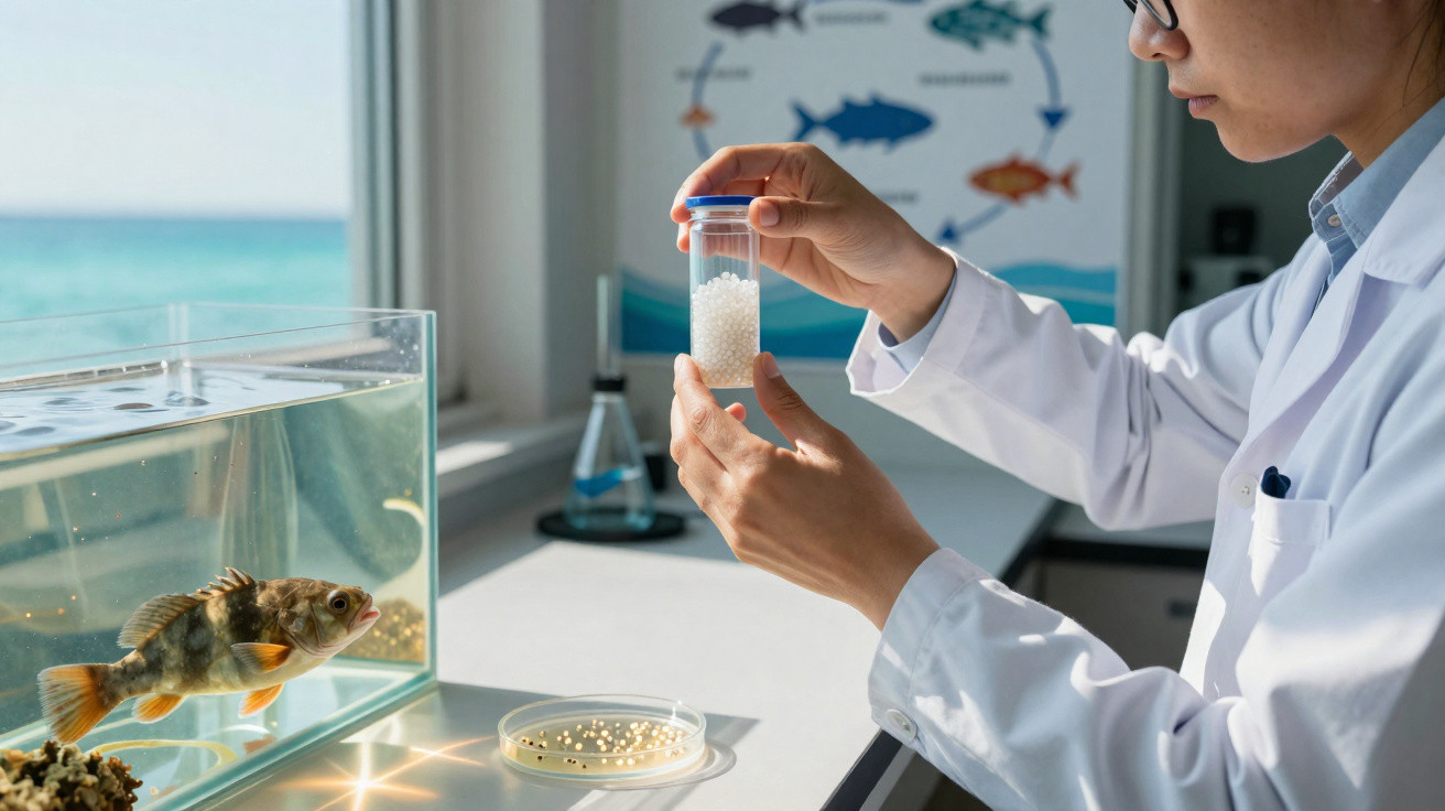 Pesquisadora em laboratório marinho segura recipiente com esferas brancas, próximo a aquário com peixe.