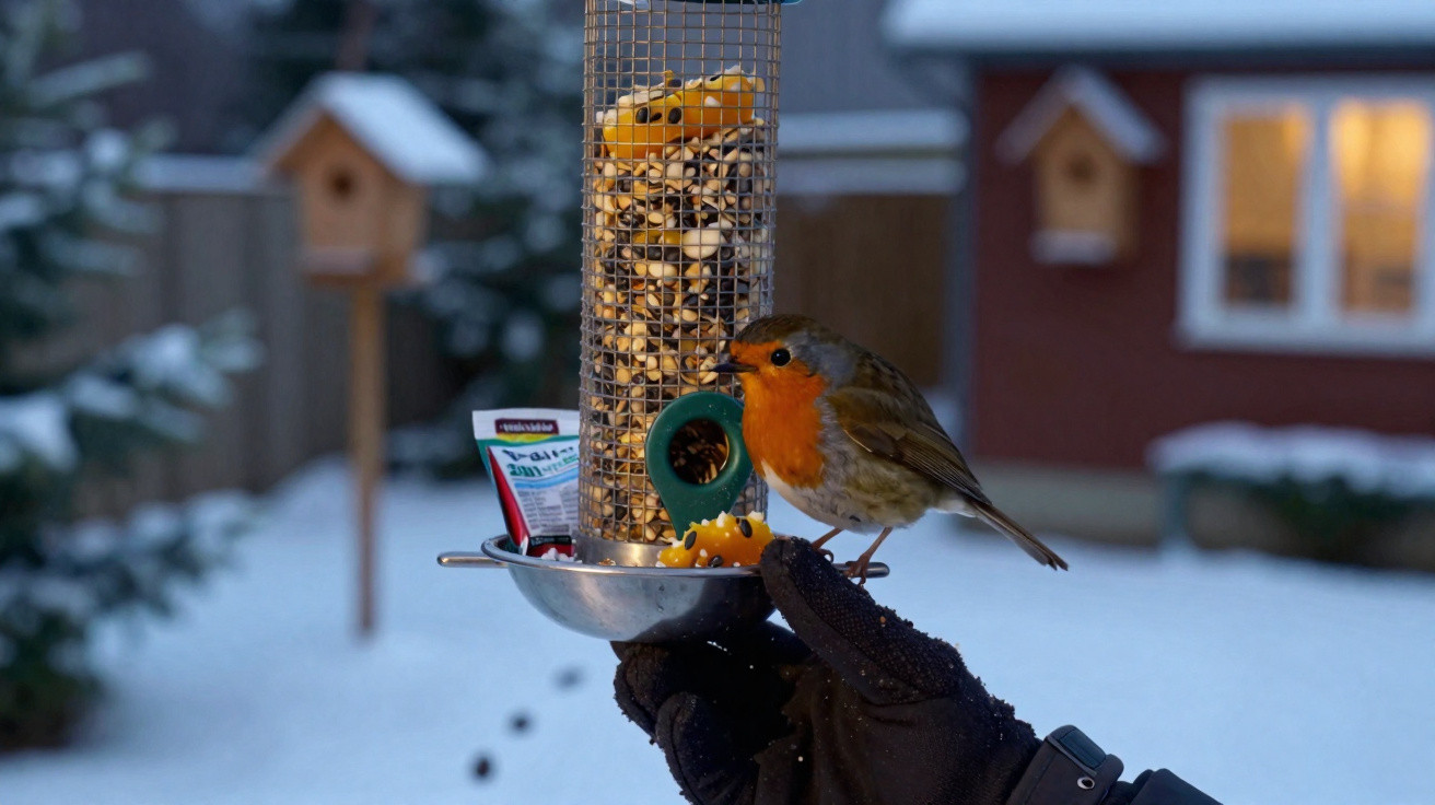 Pássaro com peito laranja pousado em mão com luva preta segurando alimentador de sementes no jardim com neve.