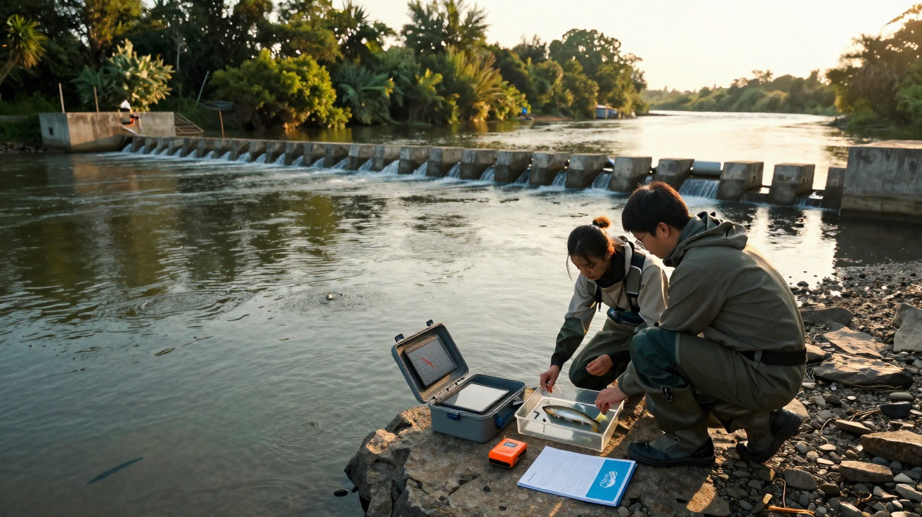 Dois pesquisadores com roupas de pesca analisam peixes perto de uma represa em um rio ao pôr do sol.