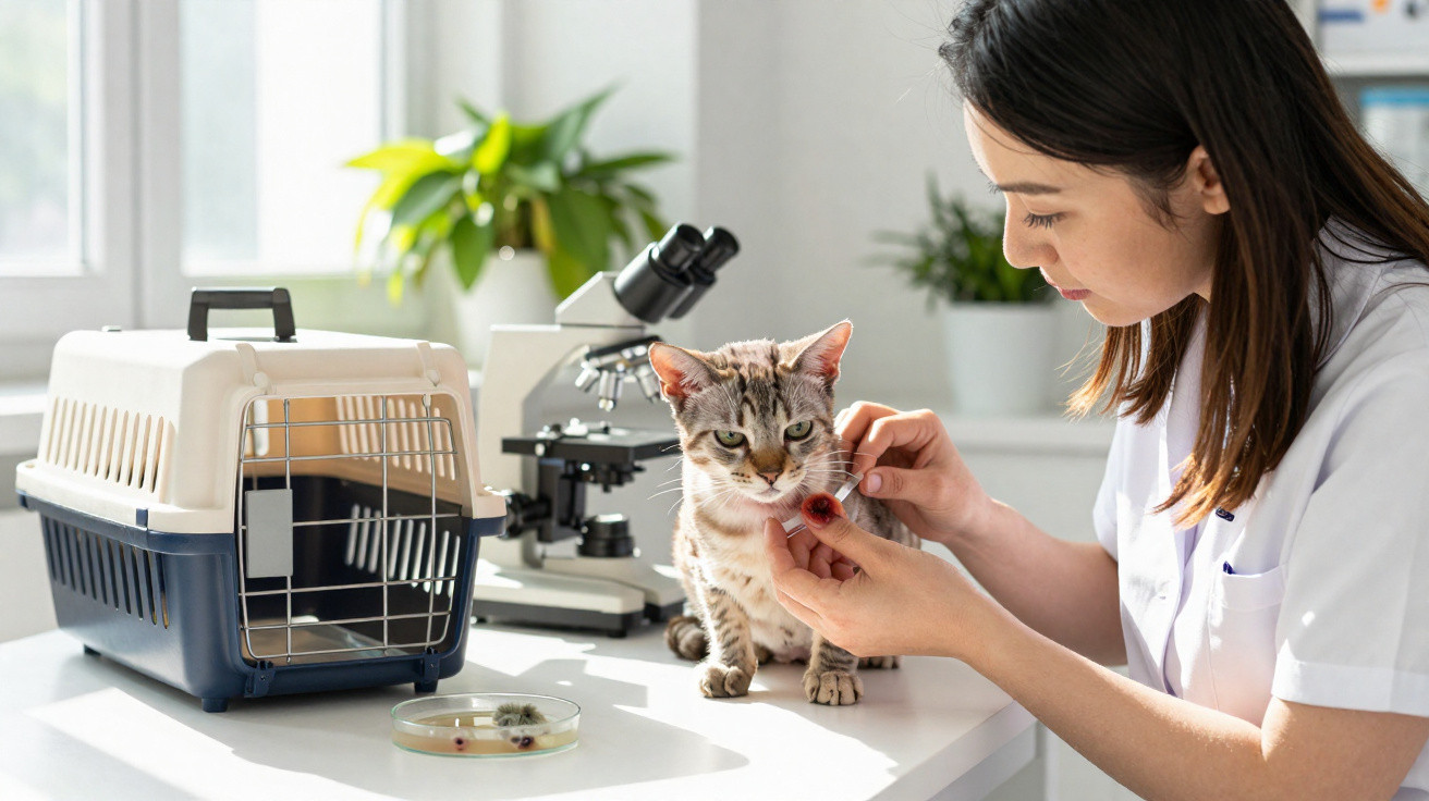 Veterinária examinando a boca de um gato cinza em clínica com microscópio e caixa de transporte.