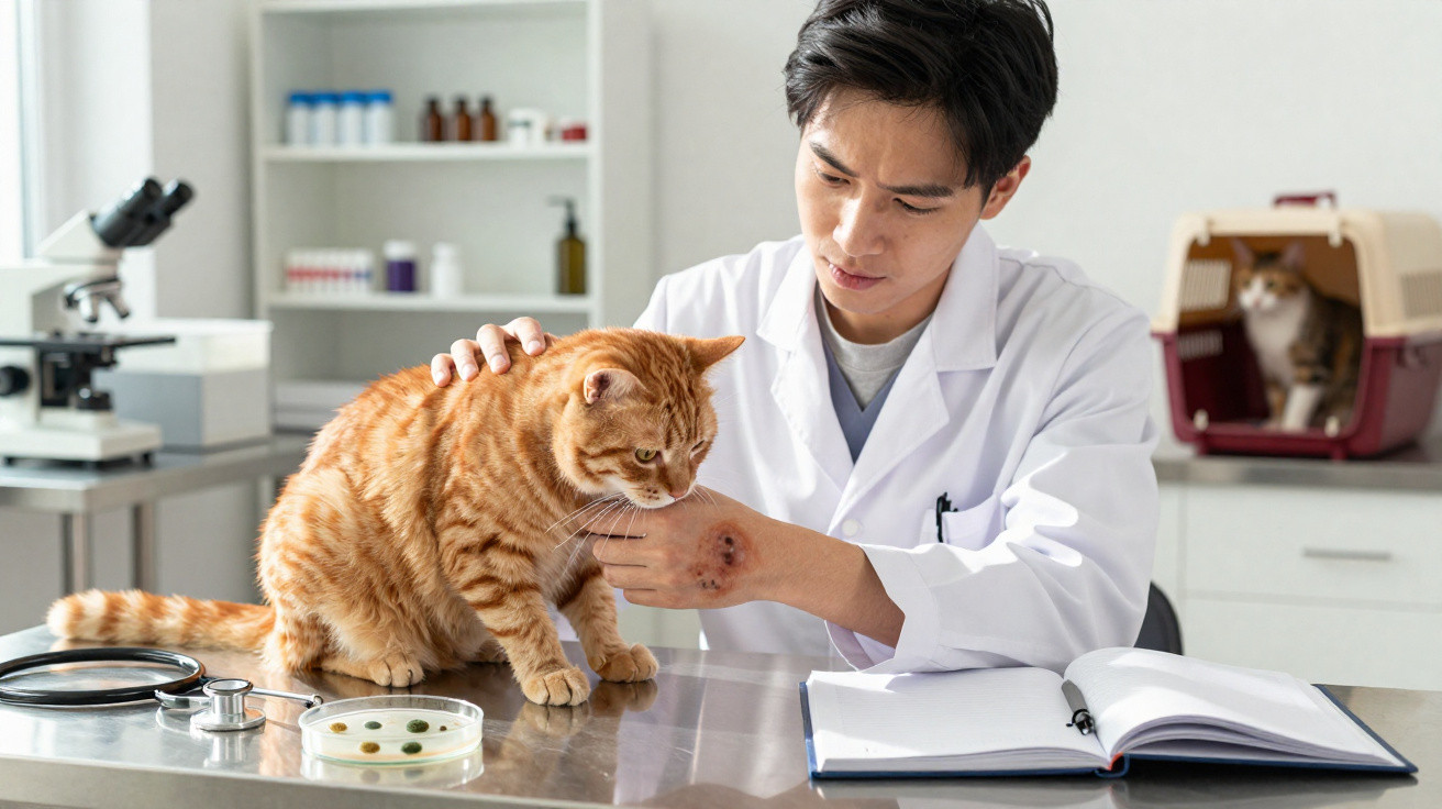 Veterinário examina gato laranja sobre mesa com equipamento de laboratório e outro gato ao fundo.