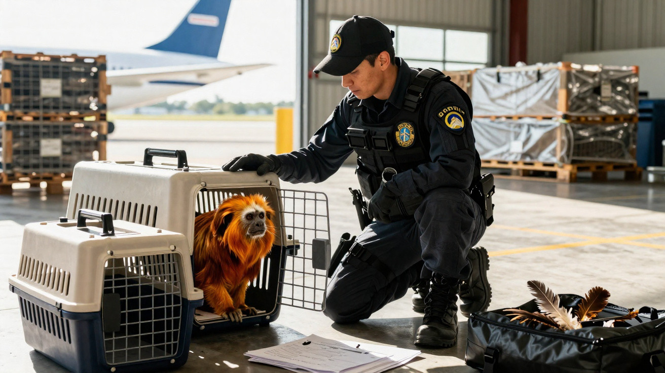 Agente de segurança inspecionando gaiola com macaco-dourado em aeroporto.