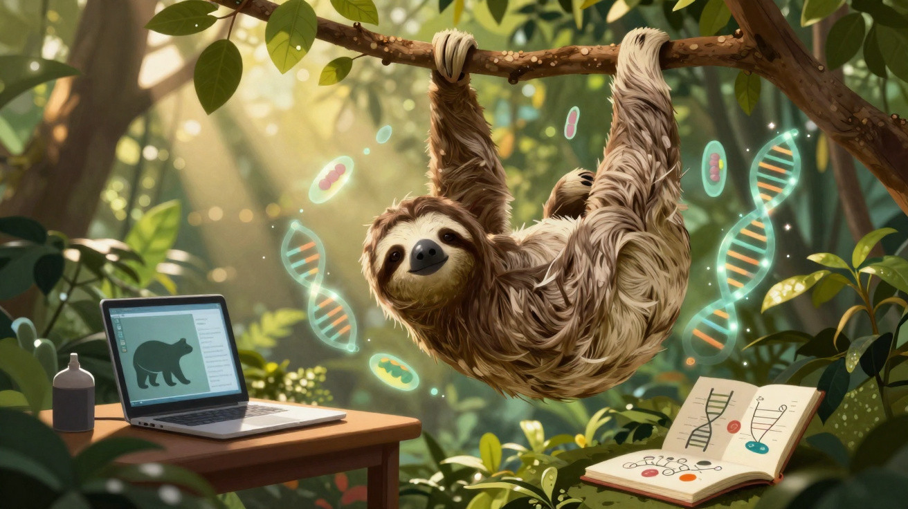 Bicho-preguiça pendurado em galho em floresta, com laptop e livro aberto sobre DNA na mesa próxima.