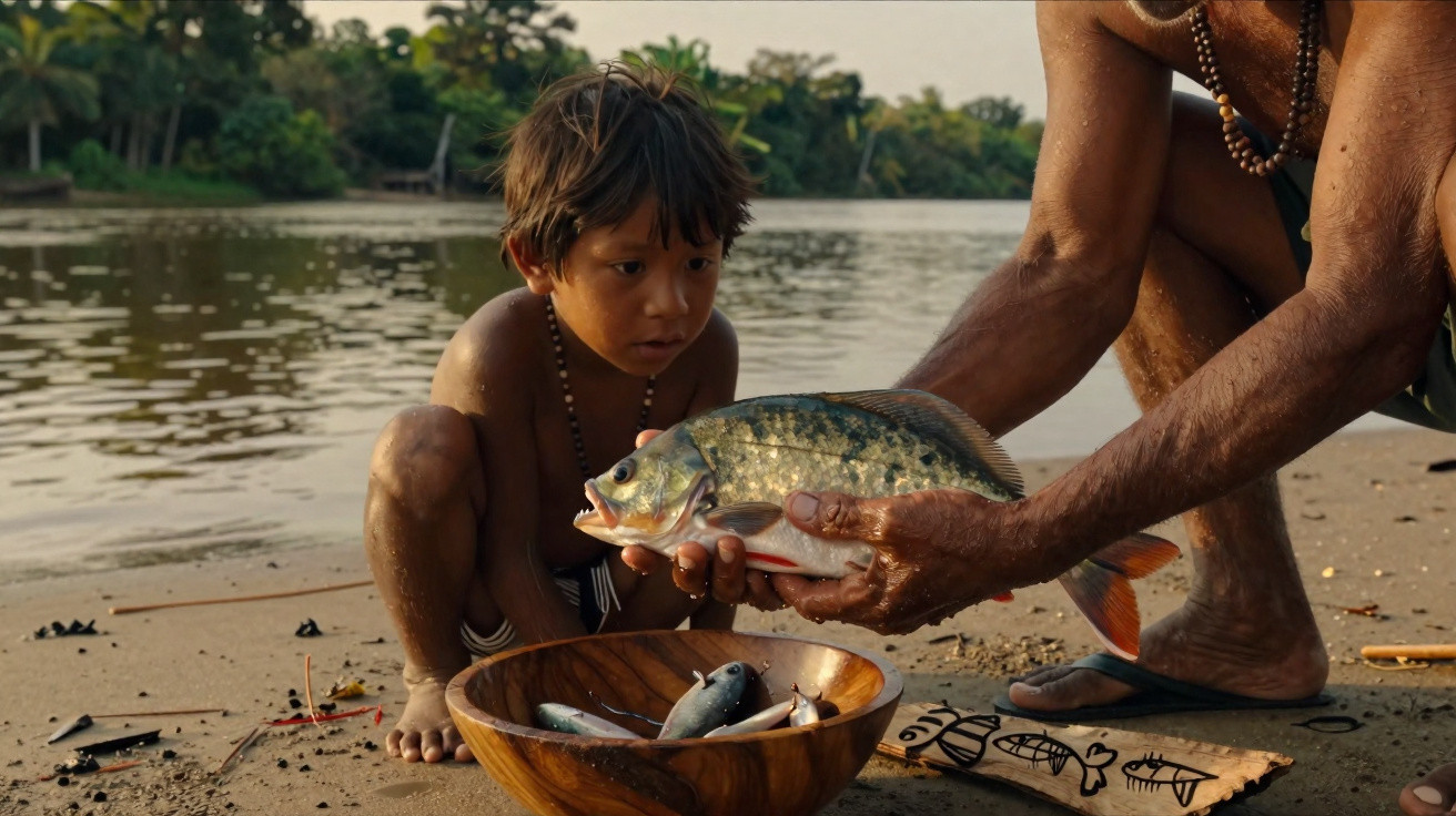 Menino indígena observando pescado nas mãos de um adulto à beira de rio com tigela e desenhos de peixes na areia.