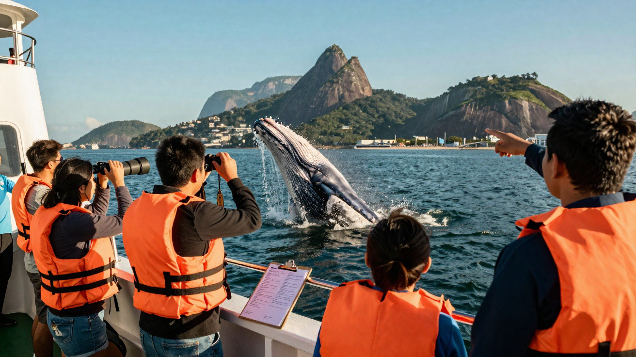 Pessoas em coletes laranja em barco observam e fotografam baleia saltando próximo à montanha no mar.