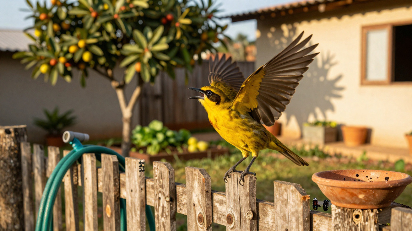 Pássaro amarelo com asas abertas pousado em cerca de madeira em jardim ao entardecer.