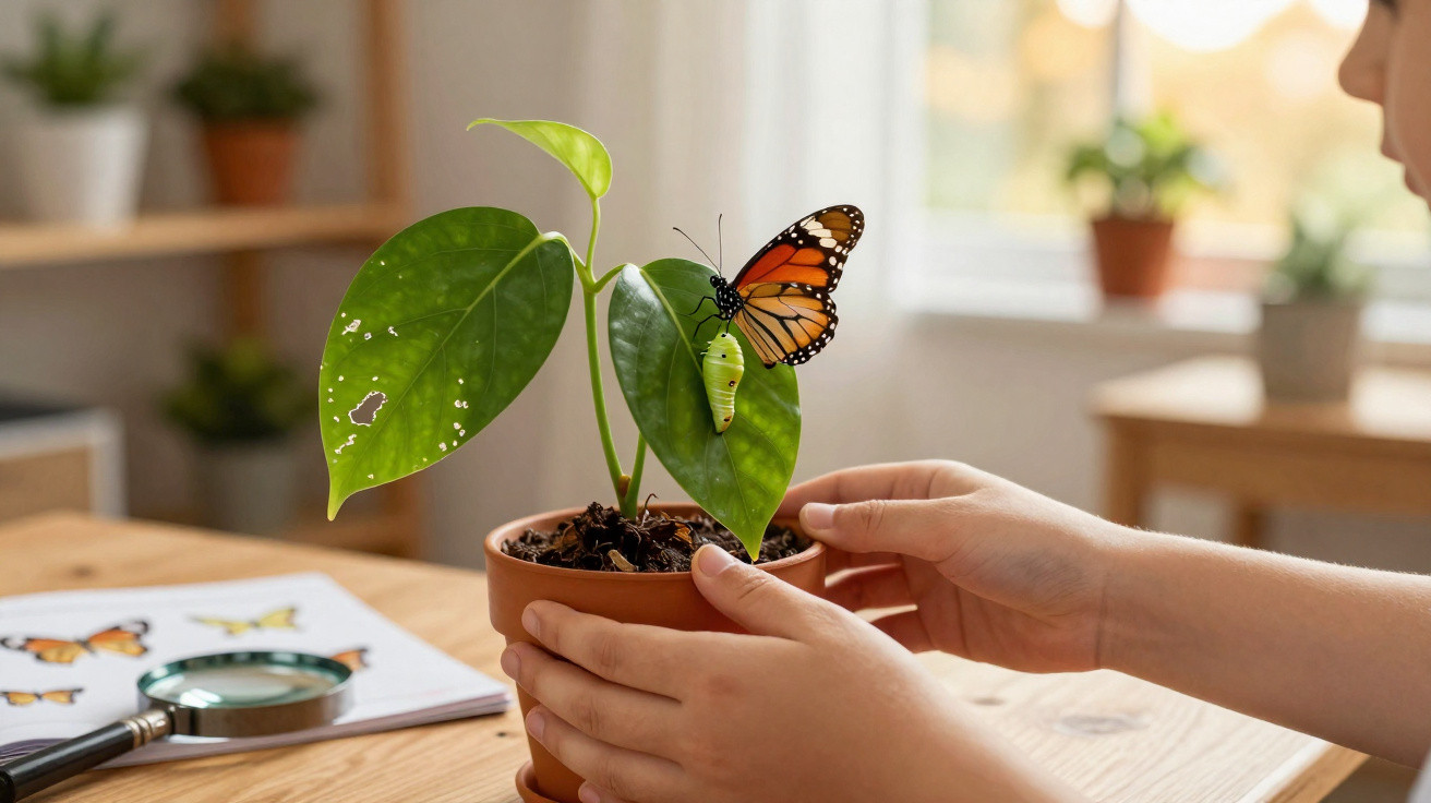 Mãos segurando vaso com planta, crisálida verde e borboleta laranja em folha, livro de borboletas ao fundo.