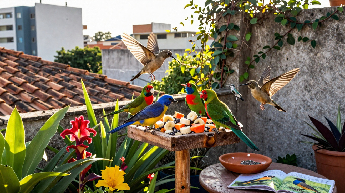 Pássaros coloridos se alimentando em comedouro de madeira cercado por plantas em área urbana.