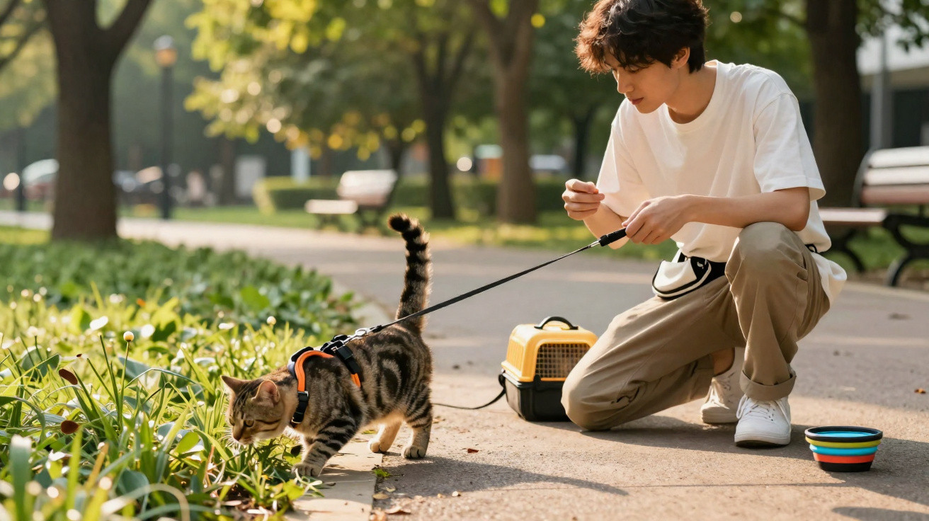 Homem ajoelhado em parque passeando com gato de coleira e guia, com caixa de transporte e pote colorido ao lado.