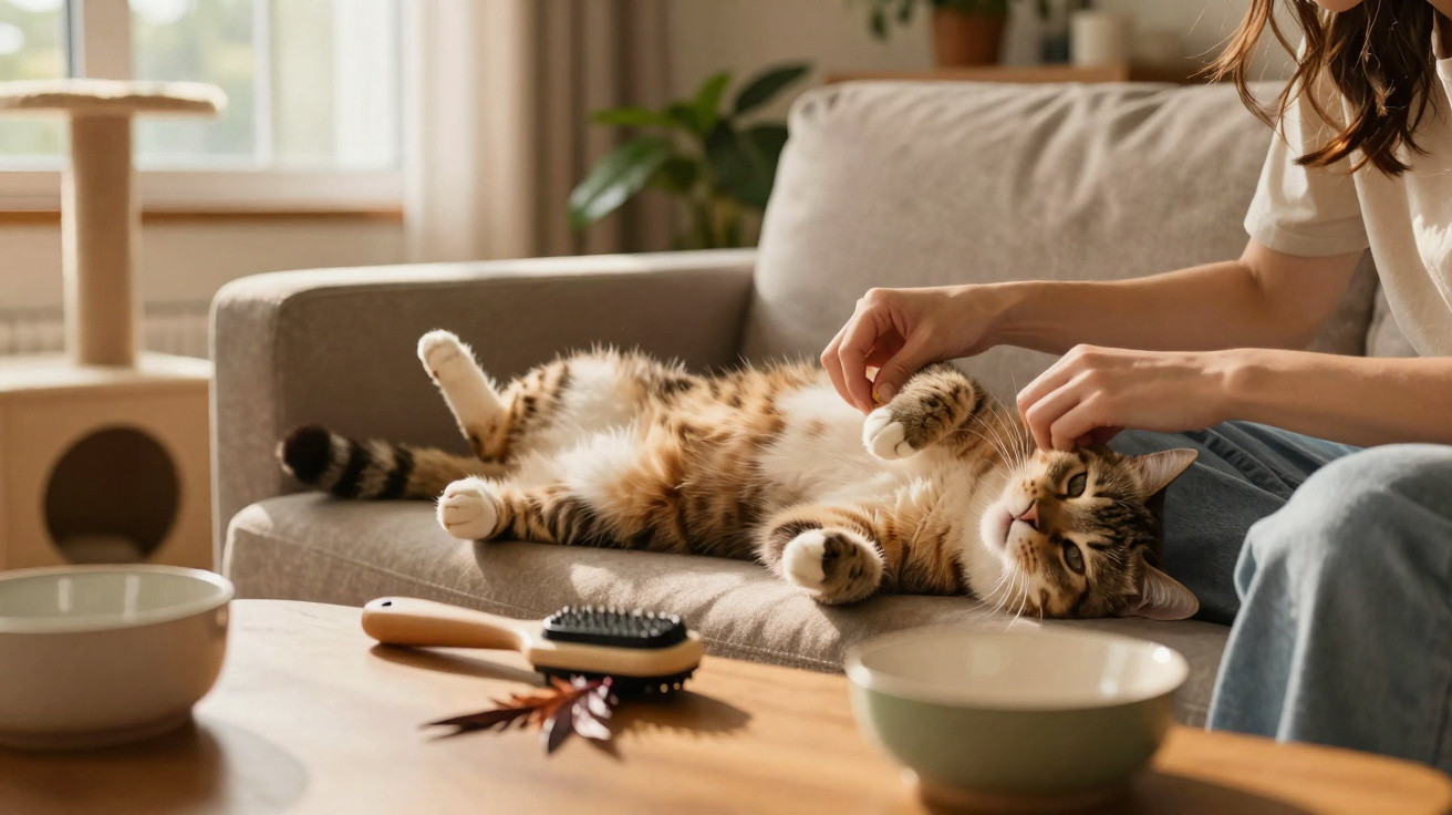 Pessoa acariciando gato deitado de barriga para cima em sofá, ao lado de escova sobre mesa de madeira.