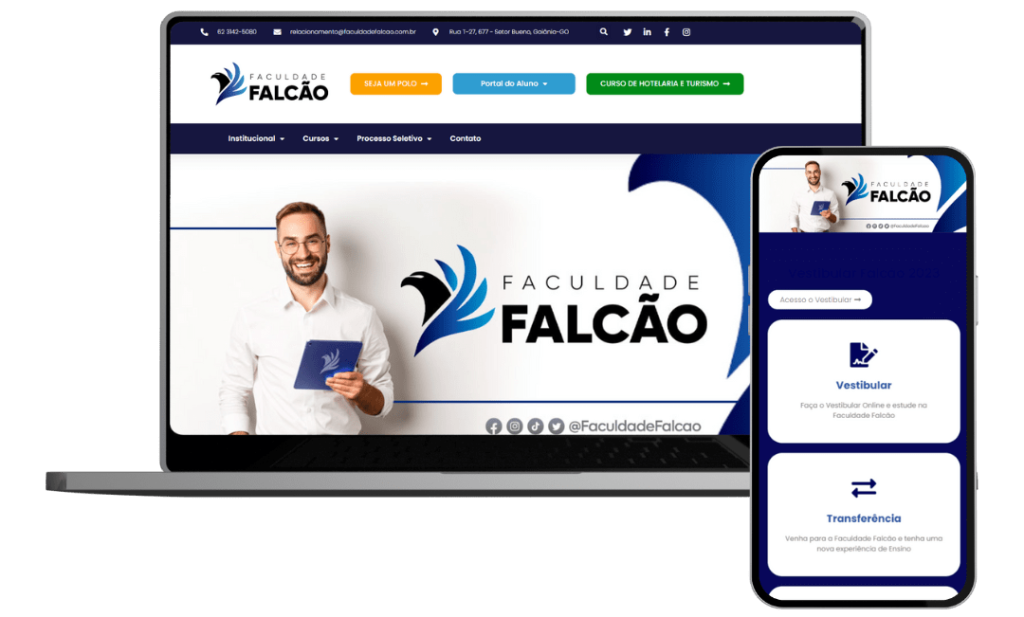 Páginas Falcão - Notebook e Celular com site da Faculdade Falcão