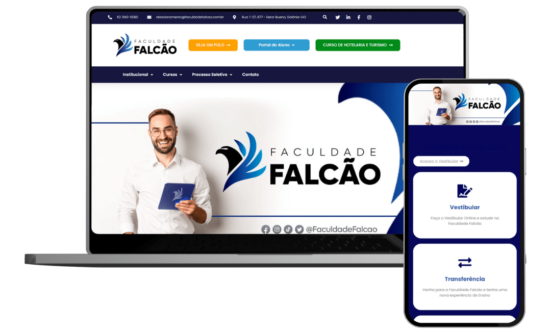 Páginas Falcão - Notebook e Celular com site da Faculdade Falcão